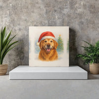 Santa Hat Dog Canvas Art, Golden Retriever Christmas Square Canvas, Watercolor Puppy Canvas Print, Holiday Pet Wall Art Decor Present