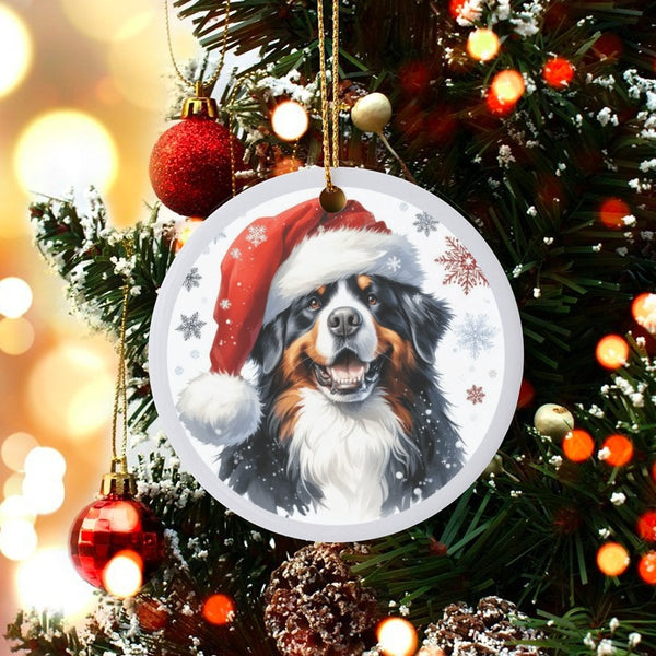 Santa Hat Dog Christmas Ornament, Bernese Mountain Dog Ornament, Ceramic Puppy Holiday Ornament, Berner Xmas Tree Decor, Dog 