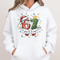 Humorous Santa Hands Number Meme Hoodie, 67 Christmas Hoodie, Holiday Party Humor Hooded Sweatshirt, Adorable Xmas Graphic Pullover Present