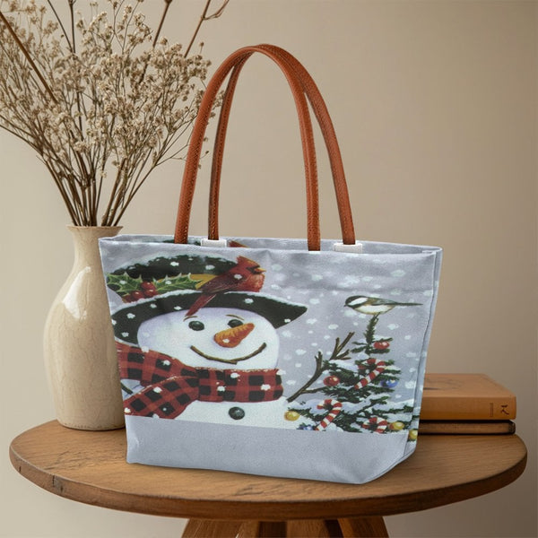 Cardinal Chickadee Holiday Tote Bag, Christmas Snowman Tote Bag, Winter Festive Bird Tote Bag, Adorable Xmas Shoulder Bag, Ho