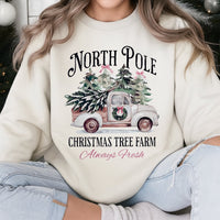 Vintage Red Truck Holiday Crewneck, North Pole Christmas Tree Farm Sweatshirt, Rustic Xmas Tree Shirt, Comfy Winter Pullover