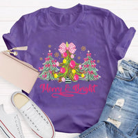 Merry and Bright Holiday Graphic Tee, Bow Christmas Tree Teacher Shirt, Adorable Teacher Christmas T-Shirt, Winter School Holiday Present