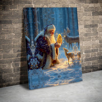 Winter Forest Fawn Moose Wall Art, Santa Claus Morel Mushroom Canvas Art, Forager Christmas Canvas Print, Holiday Wall Decor
