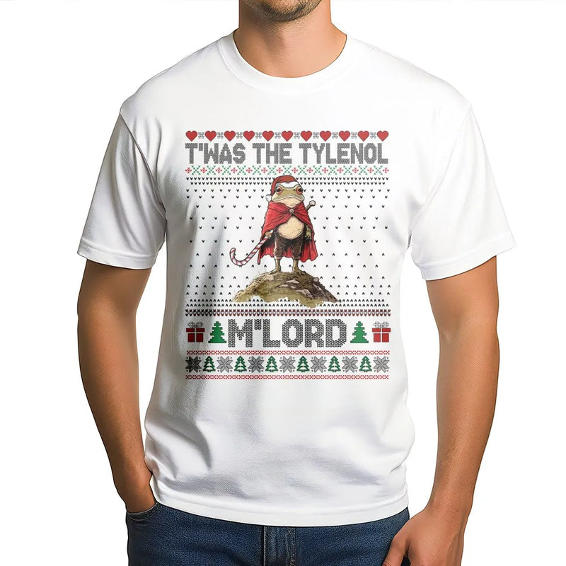Humorous Frog Ugly Christmas Sweater Shirt, T'was the Tylenol M'Lord T-Shirt, Sarcastic Meme Graphic Tee, Medieval Meme Christmas T-Shirt