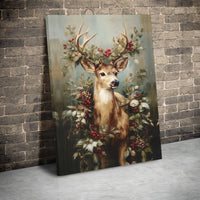 Christmas Pinecone Winter Stag Canvas Print, Majestic Deer Holly Canvas Wall Art, Rustic Holiday Cabin Decor, Farmhouse Nature Art