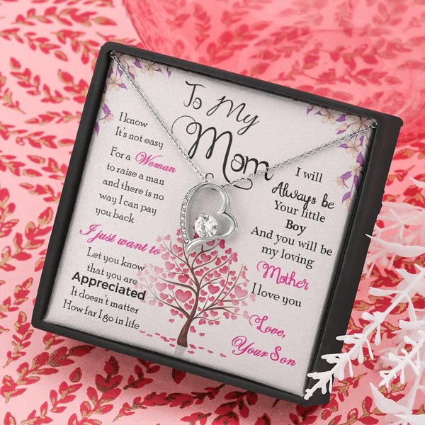 Sparkling CZ Heart Pendant Necklace, To My Mom Forever Love Heart Necklace, 14K White Gold Mom Necklace from Son, Christmas B