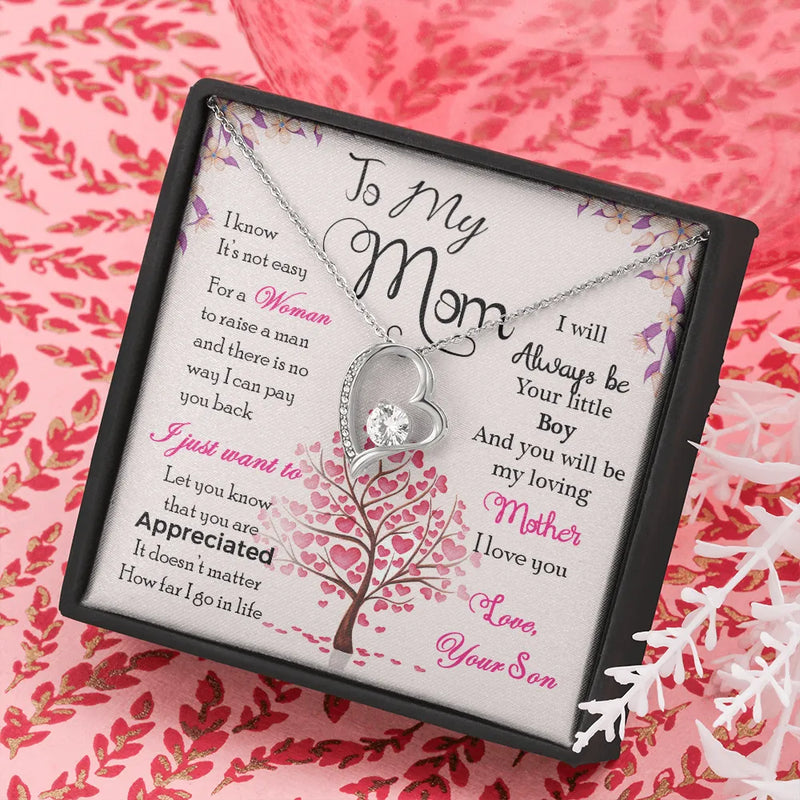 Sparkling CZ Heart Pendant Necklace, To My Mom Forever Love Heart Necklace, 14K White Gold Mom Necklace from Son, Christmas Birthday Present