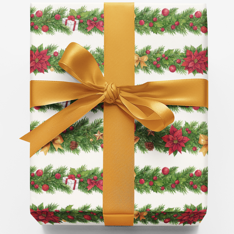 Holiday Floral Gift Wrap, Poinsettia Garland Christmas Wrapping Paper, Vintage Botanical Christmas Paper Roll, Festive Winter Present Wrap