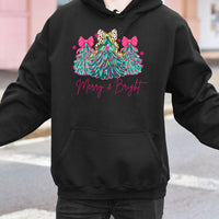 Adorable Tree with Pink Bows Graphic Sweatshirt, Merry & Bright Christmas Hoodie, Girly Holiday Pullover Hoodie, Festive Winter Hooded Sweater