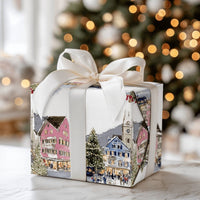 Snowy Town Holiday Gift Wrap, Watercolor European Christmas Village Wrapping Paper, Festive Winter Present Wrap, Christmas Tree Paper Roll