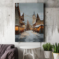 Winter Market Painting Style Print, Christmas Village Snowy Street Canvas Wall Art, Warm Glow Holiday Poster, Digital Download Festive Decor