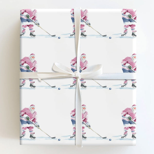 Sports Christmas Gift Wrap, Hockey Santa Claus Wrapping Paper, Watercolor Skating Santa Wrapping Paper, Winter Sports Holiday