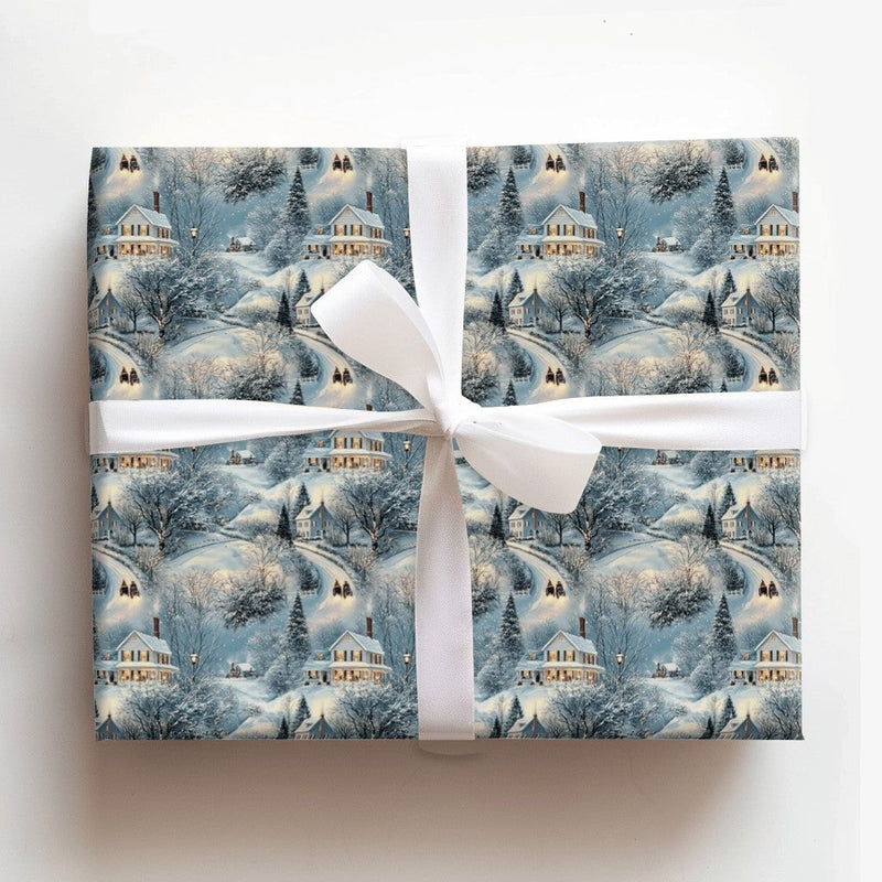 Snowy Village Holiday Gift Wrap, Horse Drawn Sleigh Christmas Wrapping Paper, Twilight Winter Wrapping Paper, Rustic Holiday Gift Wrap Roll