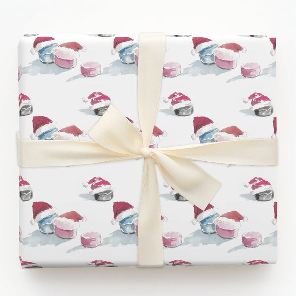 Christmas Sports Gift Wrap, Hockey Puck Santa Hat Wrapping Paper, Adorable Hockey Holiday Paper, Festive Winter Wrapping Pape