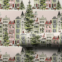Snowy Houses Gift Wrap, Watercolor Pink Christmas Village Wrapping Paper, Pastel Holiday Wrapping Paper Roll, Adorable Winter Present Wrap