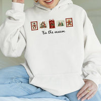 Vintage Holiday Postage Stamp Sweatshirt, Retro Christmas Stamp Hoodie, Comfy Tis the Season Graphic Hooded Pullover, Xmas Winter Present