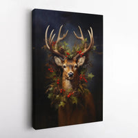 Festive Deer Holly Wreath Canvas Print, Christmas Stag Canvas Wall Art, Rustic Holiday Canvas Art, Winter Deer Wall Decor Present for Home