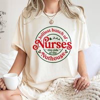 Humorous Christmas Nurse Graphic Tee, Jolliest Bunch of Nurses T-Shirt, Holiday Nursing Shirt, Adorable RN LPN CNA Xmas Tee, Medical Staff Present