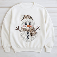 Faux Knit Winter Sweater, Leopard Print Snowman Sweatshirt, Adorable Christmas Holiday Crewneck, Retro Xmas Sweatshirt, Holiday Present for Her