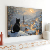 Snowy Village Canvas Print, Black Cat Christmas Canvas Wall Art, Comfy Holiday Winter Wall Decor, Festive Cat Lover Canvas Art Present