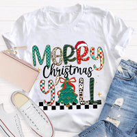 Colorful Christmas Tree Typography Tee, Merry Christmas Y'all Shirt, Southern Holiday Graphic T-Shirt, Family Xmas Apparel Present
