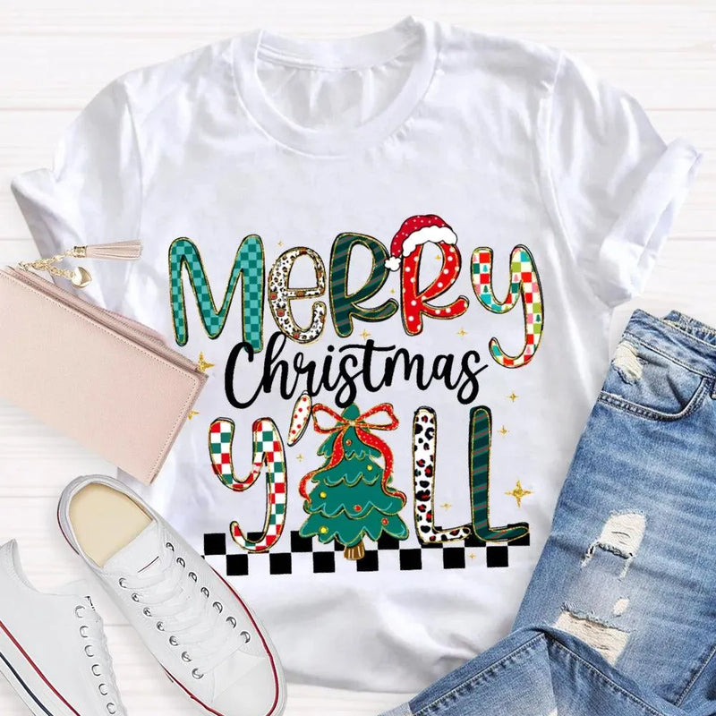 Colorful Christmas Tree Typography Tee, Merry Christmas Y'all Shirt, Southern Holiday Graphic T-Shirt, Family Xmas Apparel Present