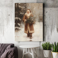 Snowy Forest Santa Canvas Print, Vintage Santa Claus Canvas Wall Art, Christmas Tree Santa Canvas Decor, Winter Holiday Wall Art, Xmas Present