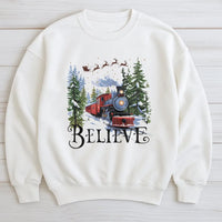 Retro Holiday Graphic Sweater, Believe Christmas Train Sweatshirt, Magical Winter Train Crewneck, Vintage Christmas Sweatshirt, Xmas Present