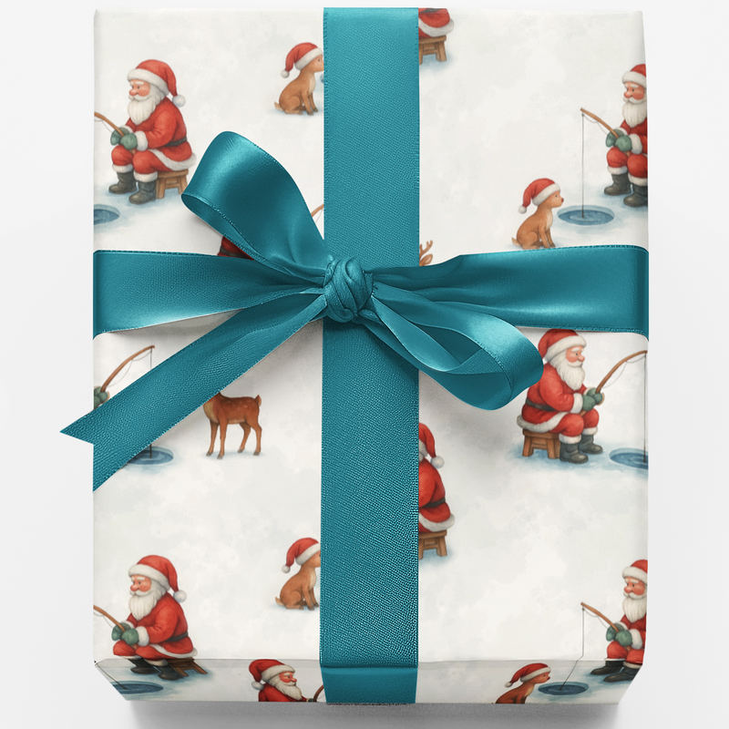 Winter Fisherman Gift Wrap, Santa Ice Fishing Wrapping Paper, Humorous Christmas Wrapping Paper, Outdoorsman Gift Wrap, Cabin Wrapping Paper