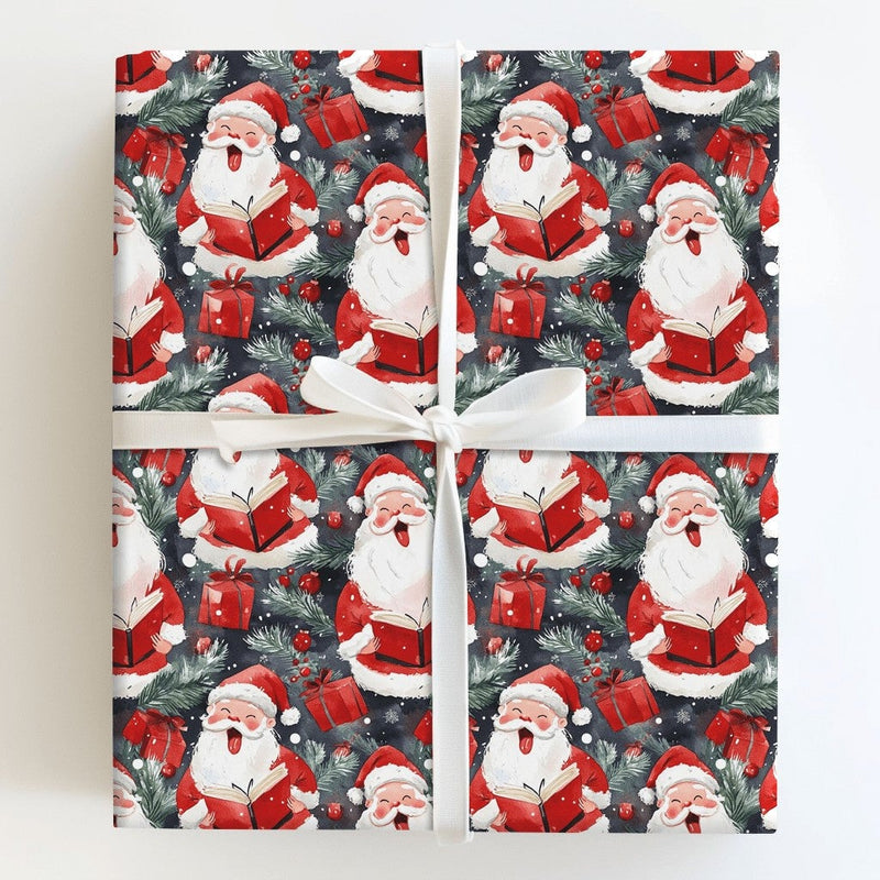 Watercolor Caroler Christmas Gift Wrap, Singing Santa Wrapping Paper, Dark Blue Holiday Wrapping Paper, Caroling Gift Wrap Roll