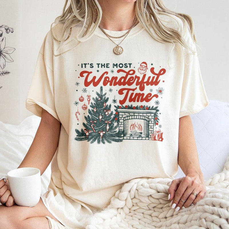 Vintage Holiday Fireplace Graphic Tee, It's the Most Wonderful Time Christmas T-Shirt, Retro Xmas Tree Shirt, Festive Holiday Tee