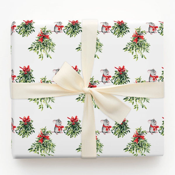 Watercolor Mistletoe and Red Bow Gift Wrap, Christmas Mouse Wrapping Paper, Adorable Winter Animal Wrapping Paper, Festive Ho