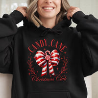 Festive Red Bow Christmas Hooded Sweatshirt, Candy Cane Christmas Club Hoodie, Comfy Holiday Graphic Sweater, Xmas Present for Her