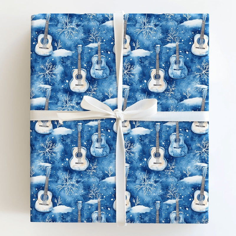 Winter Snowflake Music Gift Wrap, Acoustic Guitar Wrapping Paper, Blue Musician Wrapping Paper, Christmas Holiday Present Gift Wrap