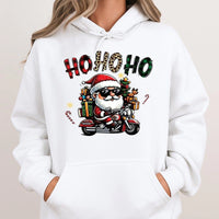 Cool Motorcycle Santa Hoodie, Biker Santa Hoodie, Humorous Ho Ho Ho Christmas Hoodie, Vintage Holiday Graphic Sweatshirt, Xmas Present for Him
