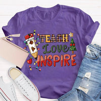 Festive Tree Lights Teacher Tee, Teach Love Inspire Christmas T-Shirt, Holiday Educator Shirt, Merry Christmas School Teacher Present
