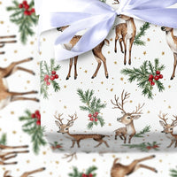 Watercolor Deer Holly Berry Gift Wrap, Woodland Reindeer Wrapping Paper, Rustic Winter Holiday Paper, Christmas Gift Wrapping Roll