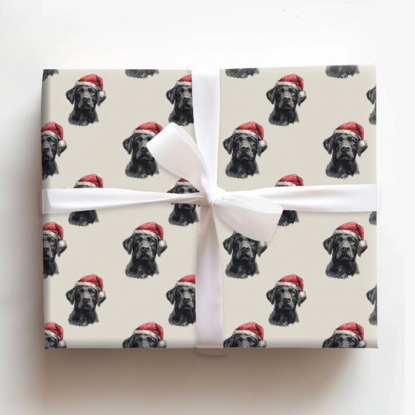 Santa Hat Dog Gift Wrap, Black Labrador Christmas Wrapping Paper, Adorable Pet Lover Holiday Wrapping Paper, Puppy Xmas Gift 
