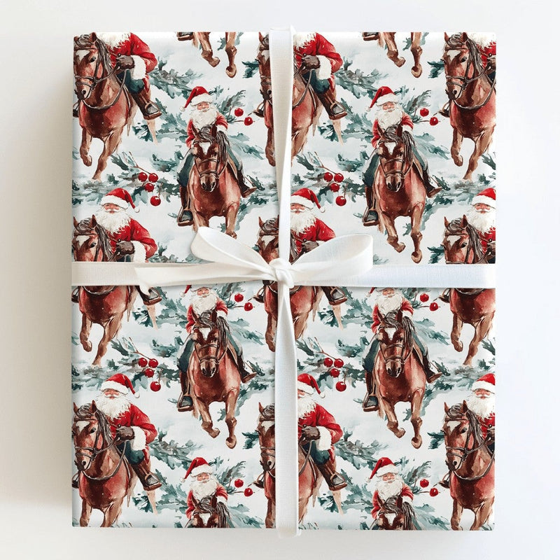 Watercolor Evergreen Christmas Gift Wrap, Equestrian Santa on Brown Horse Wrapping Paper, Rustic Holiday Paper, Festive Wrapping Paper Roll