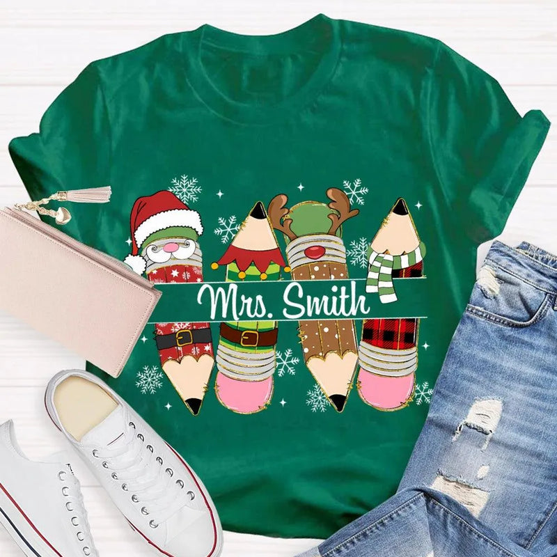 Custom Name Pencil Snowflake Shirt, Personalized Christmas T-Shirt, Teacher Holiday Graphic Tee, Custom Xmas T-Shirt, Holiday Season Present