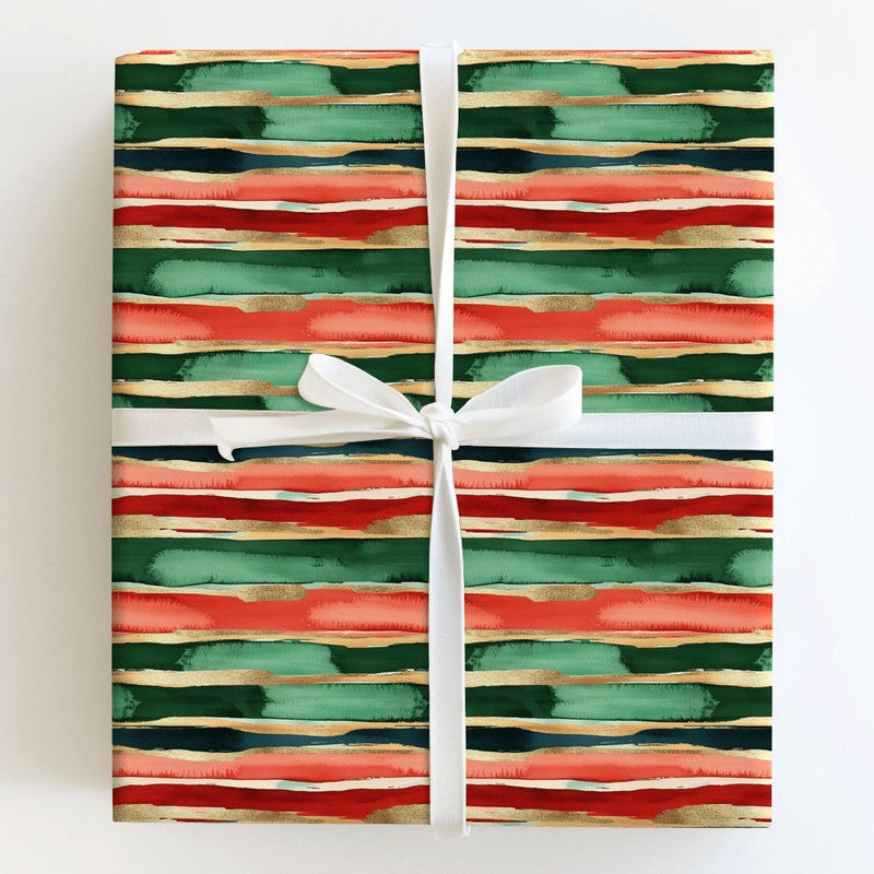 Modern Watercolor Holiday Gift Wrap, Abstract Brushstroke Christmas Wrapping Paper, Festive Stripe Wrapping Paper, Elegant Gift Wrap Roll