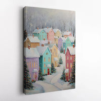 Snowy Pastel Town Winter Painting, Christmas Village Digital Canvas Print, Instant Download Vertical Wall Art, Holiday Home Decor