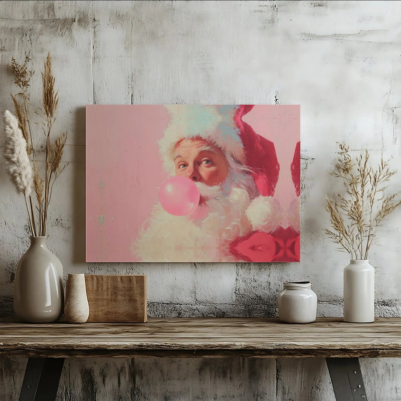 Pink Bubble Gum Santa Canvas Print, Humorous Santa Claus Canvas Wall Art, Whimsical Holiday Santa Canvas, Retro Christmas Wall Decor Present