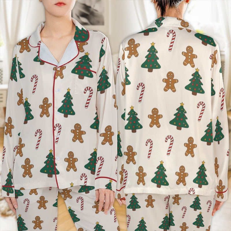 Candy Cane Holiday Pajamas, Christmas Gingerbread Satin Pajama Set, Adorable Cookie Satin Pajama Set, Winter Loungewear, Holiday Present for Women