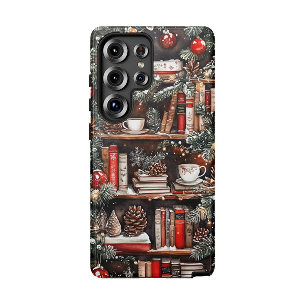 Comfy Winter Library Samsung Case, Christmas Bookshelf Phone Case, Holiday Book Lover Phone Cover, Bookish Pine Ornament Toug