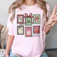 Vintage Holiday Stamp Graphic Tee, Merry and Pregnant Christmas T-Shirt, Adorable Pregnancy Reveal Shirt, Expecting Mom Xmas Present Tee