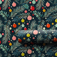 Pine Branch Holiday Gift Wrap, Colorful Ornaments Christmas Wrapping Paper, Navy Blue Xmas Wrapping Paper, Festive Winter Gift Wrap Roll