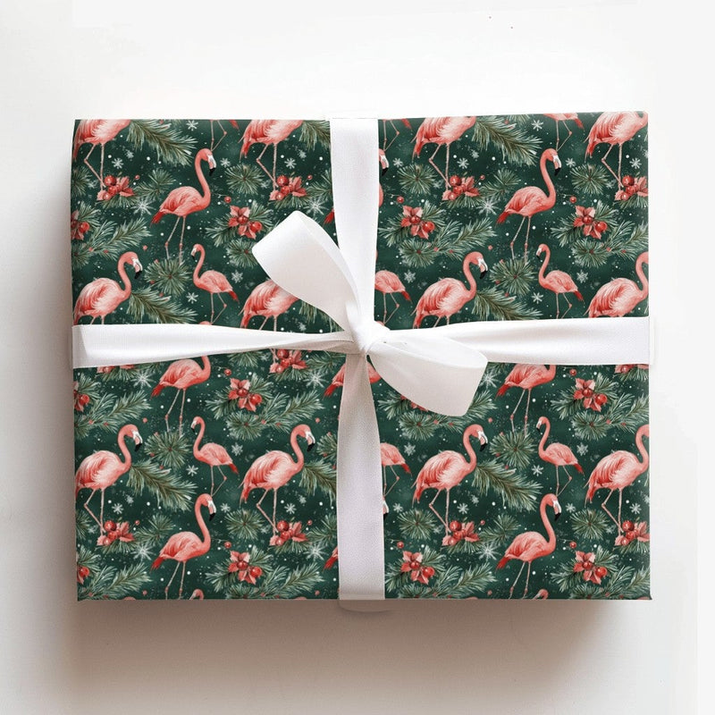 Tropical Poinsettia Gift Wrap, Pink Flamingo Christmas Wrapping Paper, Green Flamingo Wrapping Paper, Holiday Gift Wrap, Xmas Present Wrap