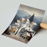 Comfy Snowy Town Painting Print, Winter Village Wall Art Poster, Rustic Christmas Holiday Poster, Seasonal Living Room Wall Decor Present