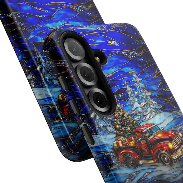 Stained Glass Winter Phone Case, Christmas Red Truck Samsung Galaxy Case, Vintage Pickup Tough Galaxy Case, Holiday Phone Cov